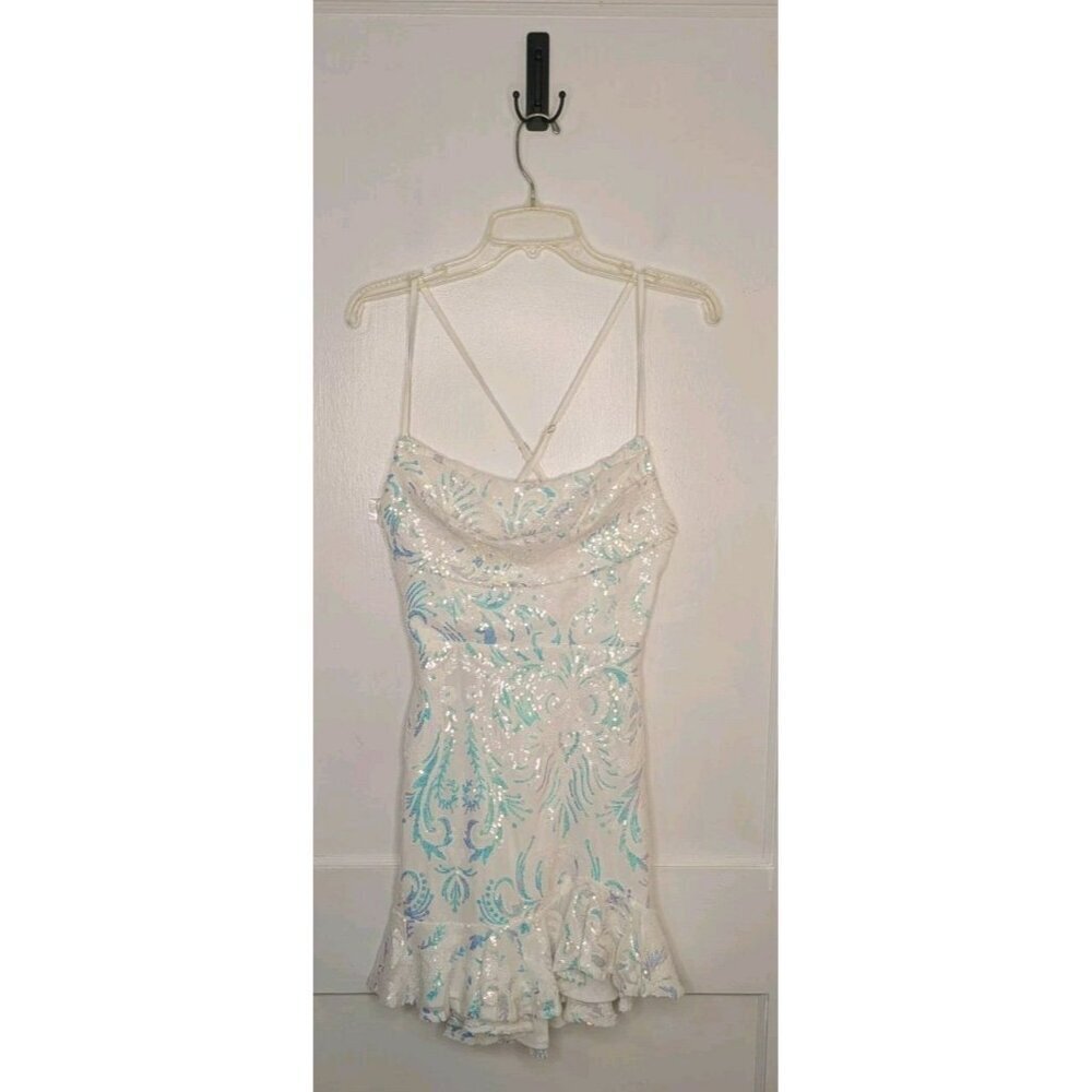 Sz 8 Selfie Leslie Marbella Sequin Embellished Scoop Neck Ruffle Hem Mini Dress